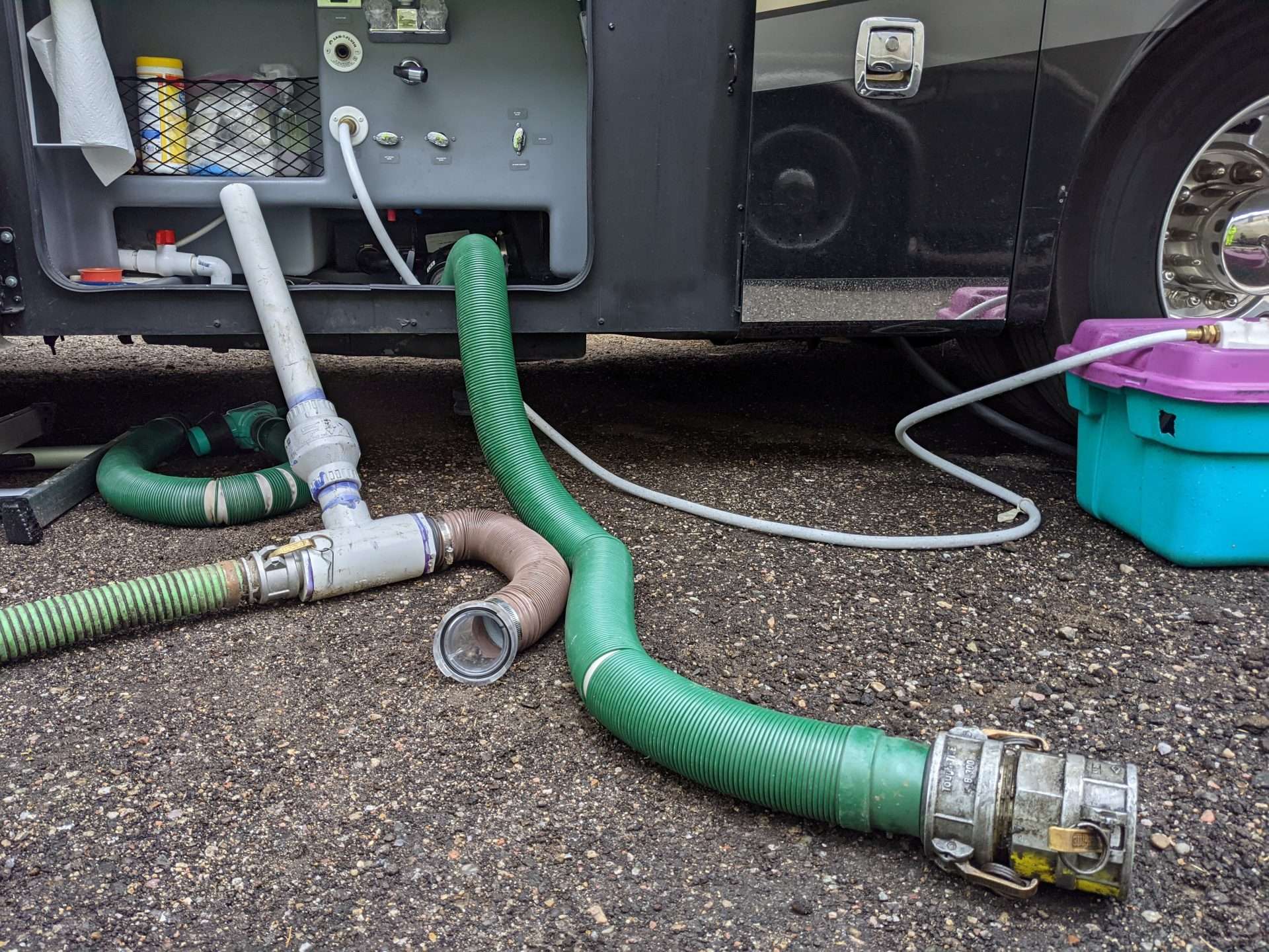 Close up of RV dump station hoses