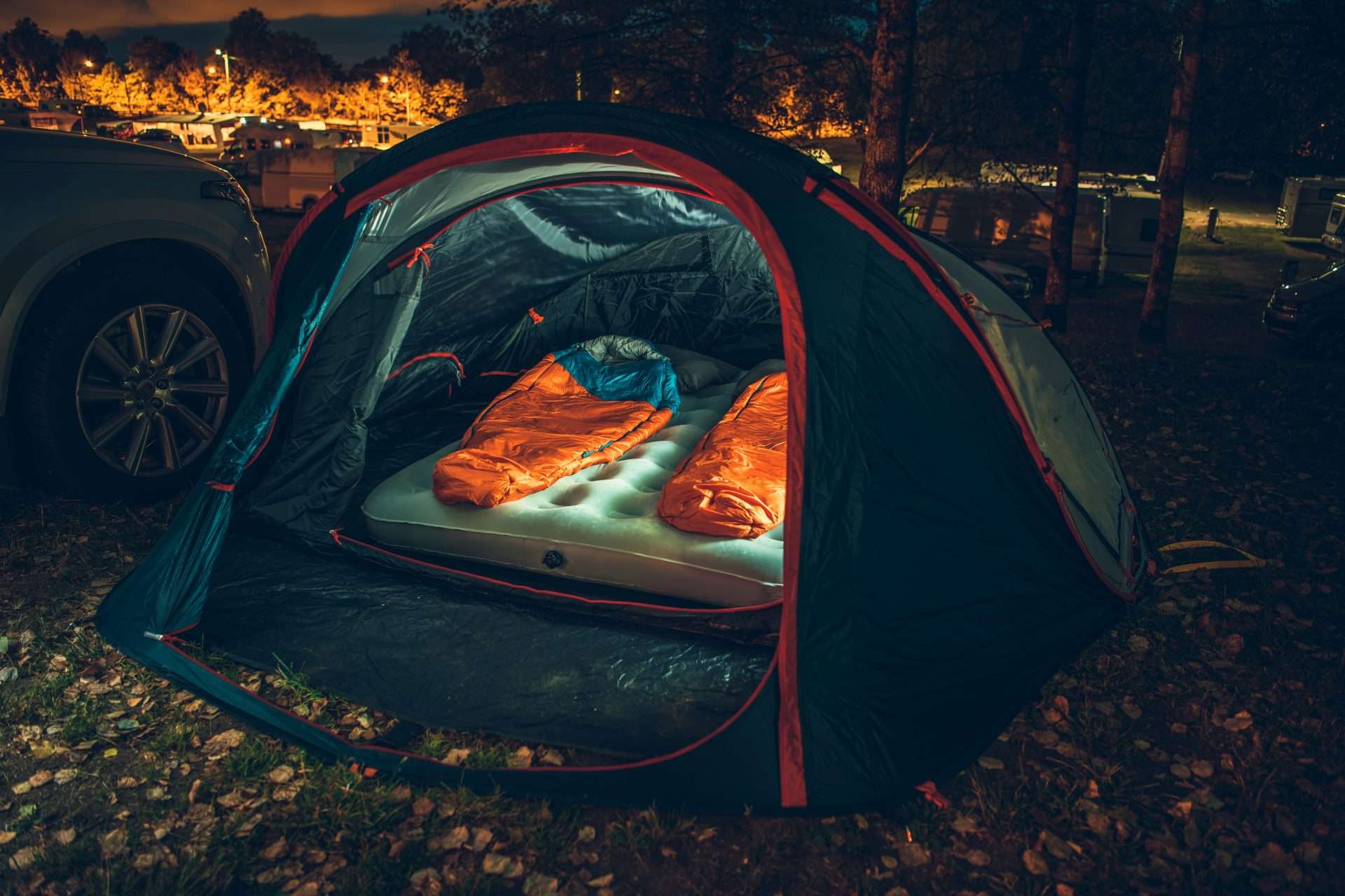 Two person pop-up tent camping set up