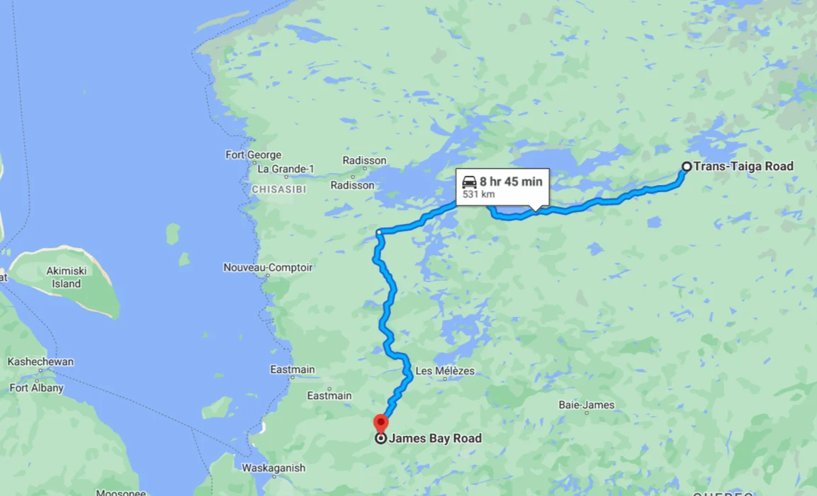 Map showing driving route from James Bay Road to Trans-Taiga Road in Hudson Bay