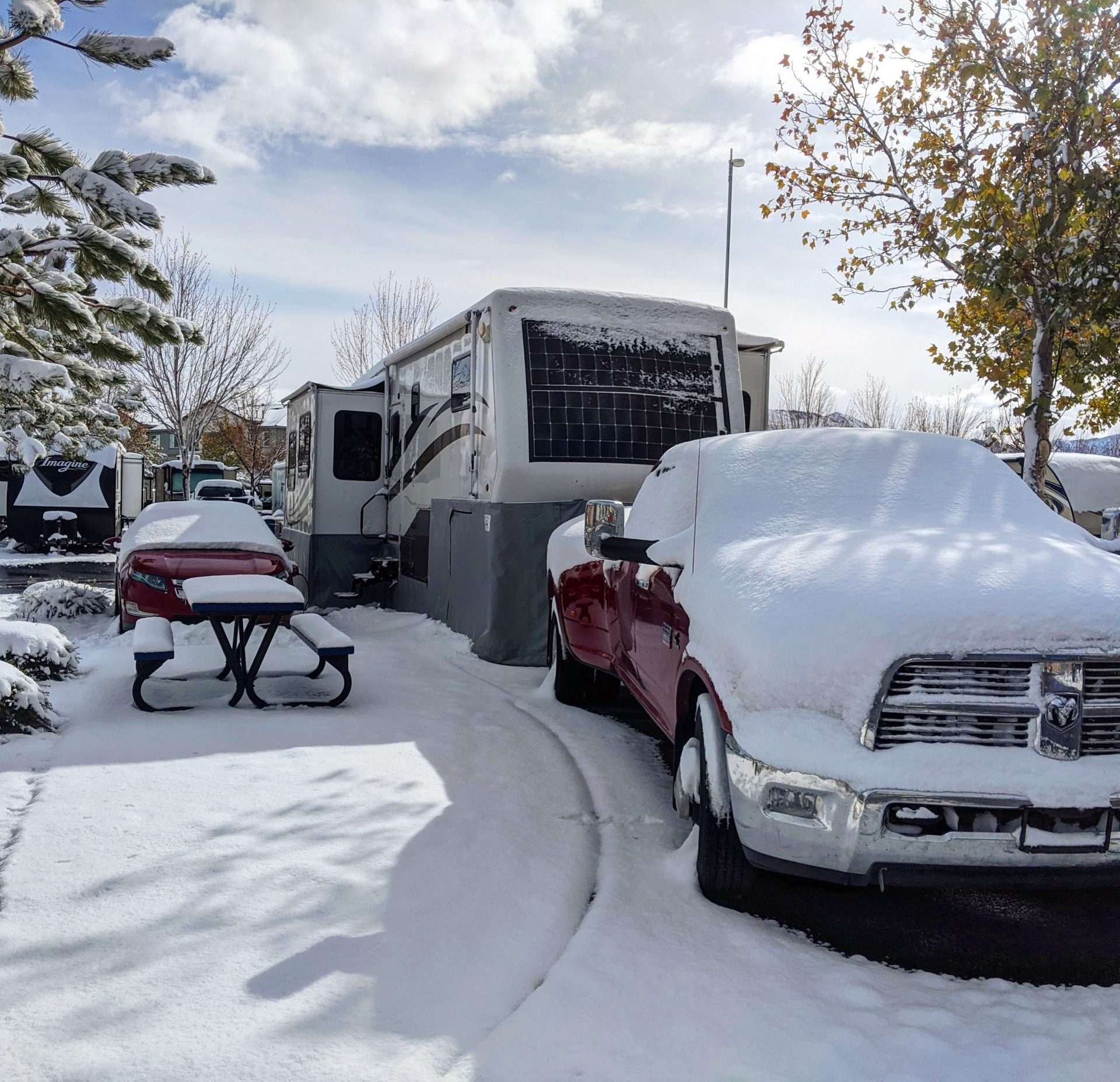 RV covered in snow while winter RVing