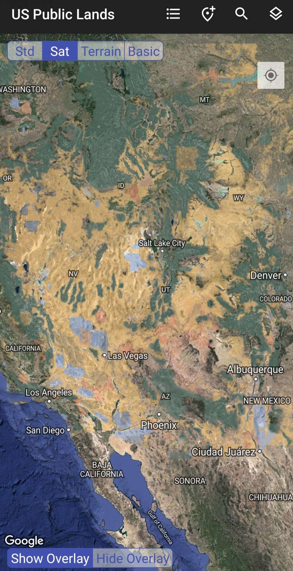 Screenshot of the US public lands app