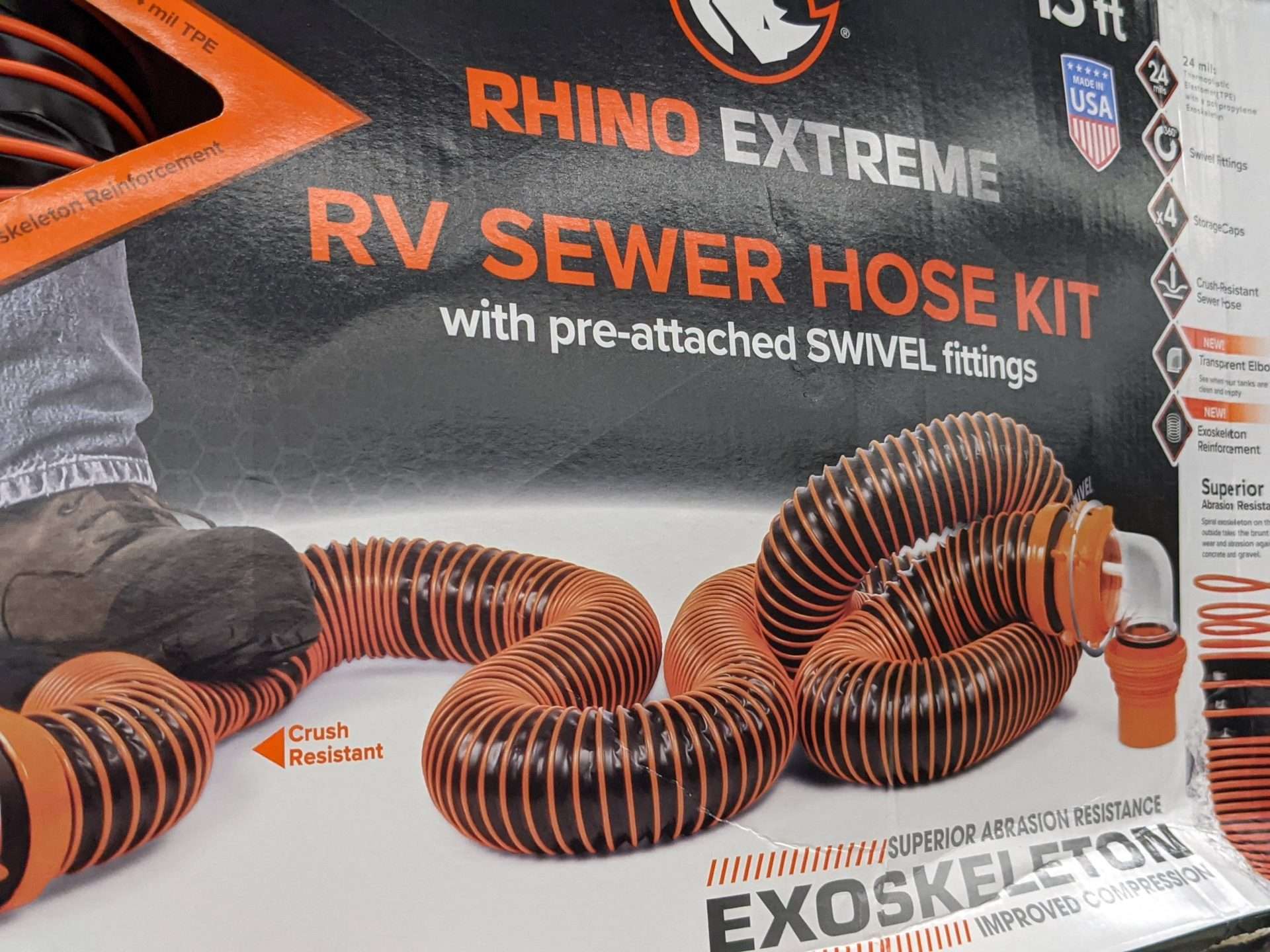 ExoSkeleton RV sewer hose kit product on store shelf