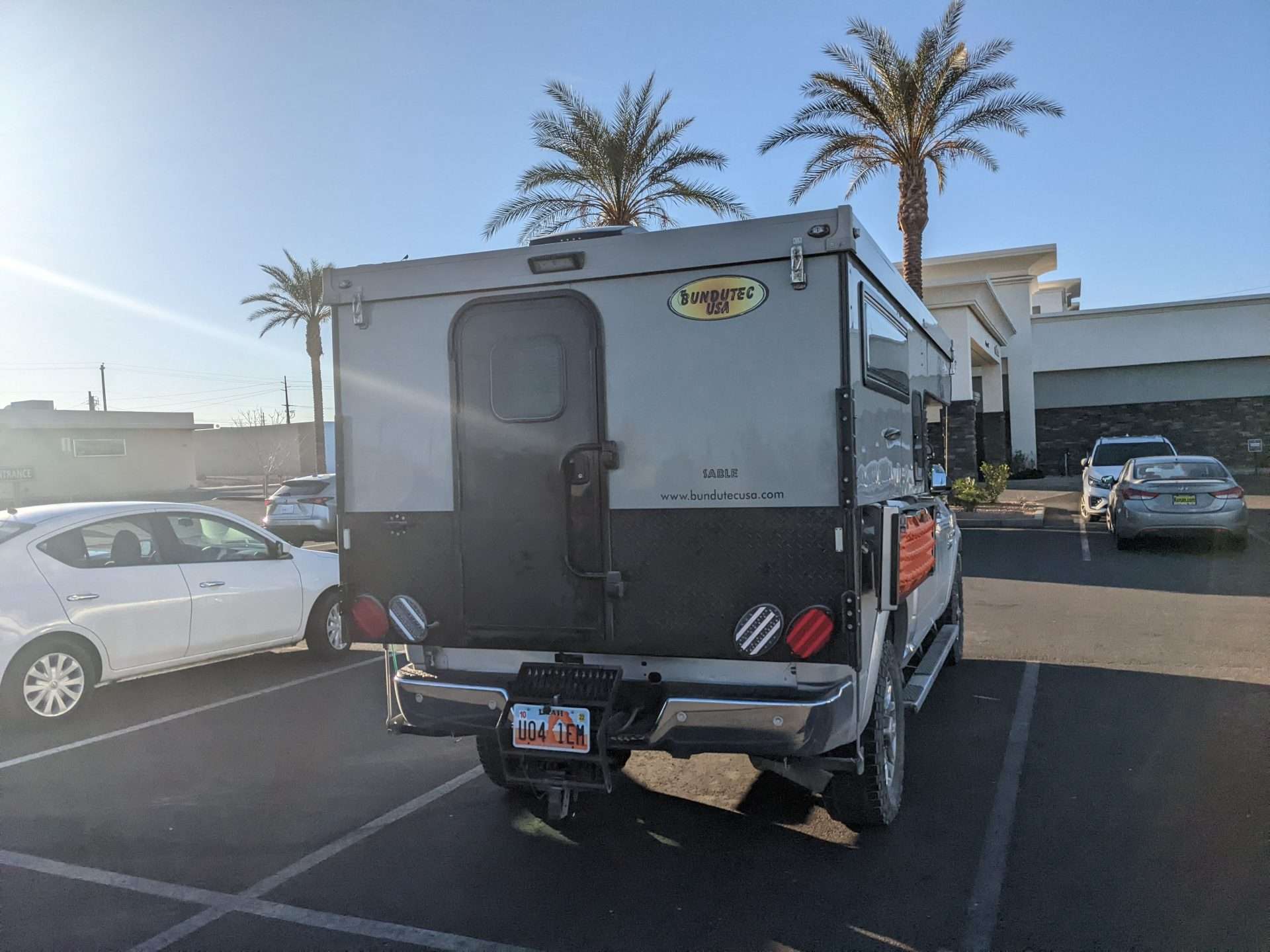 RV parked in Cabela's parking lot for overnight camping