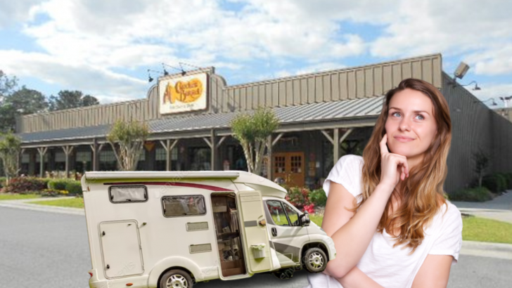 Woman thinking with RV parked in Cracker Barrel parking lot