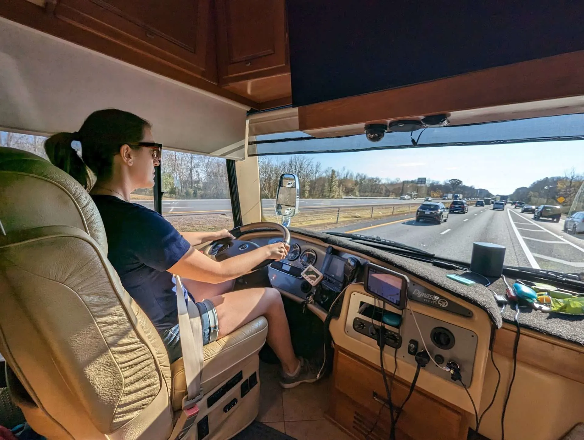 Cait from Mortons on the Move driving RV on highway