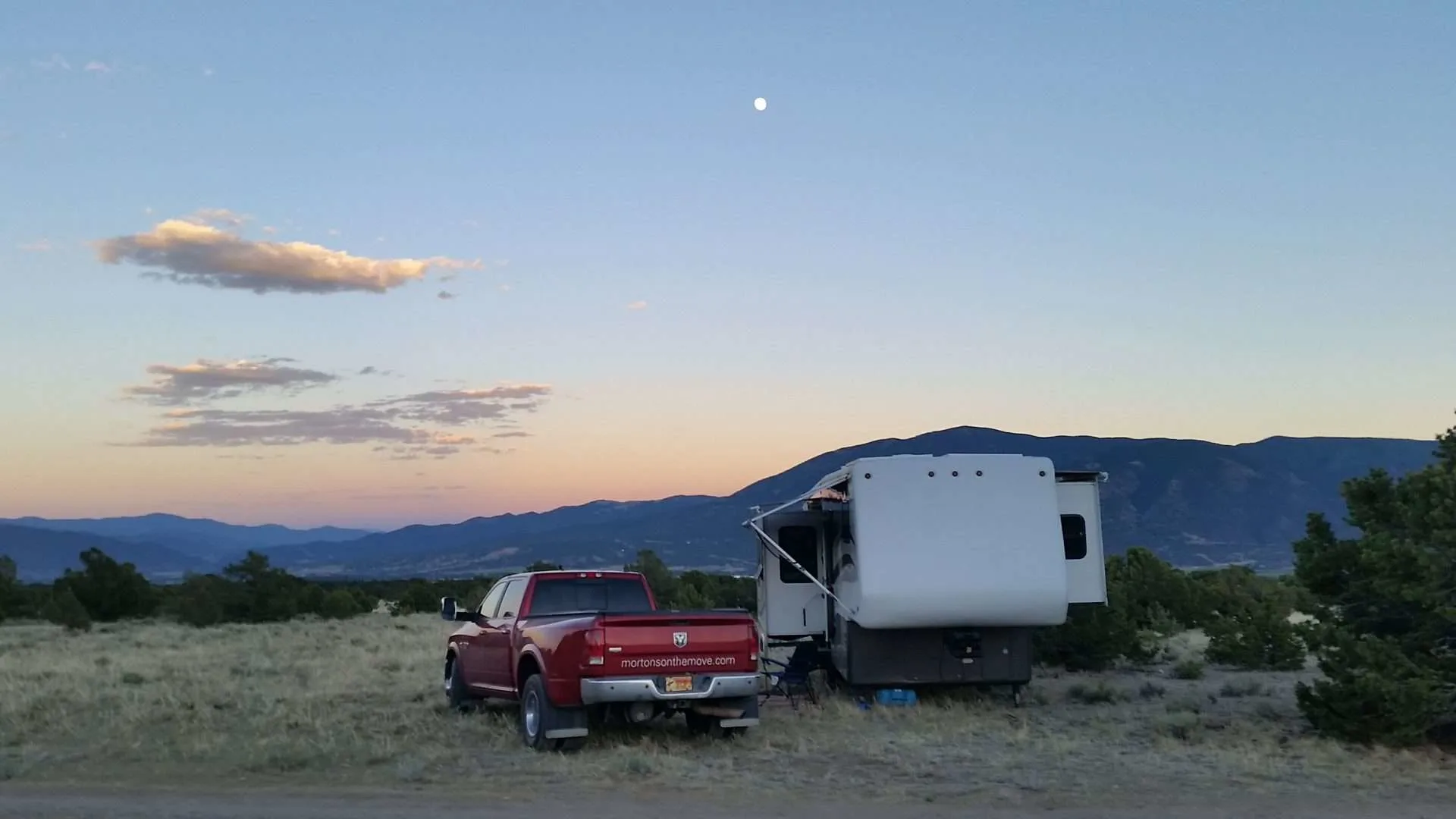 Mortons on the Move RV dry camping at sunset