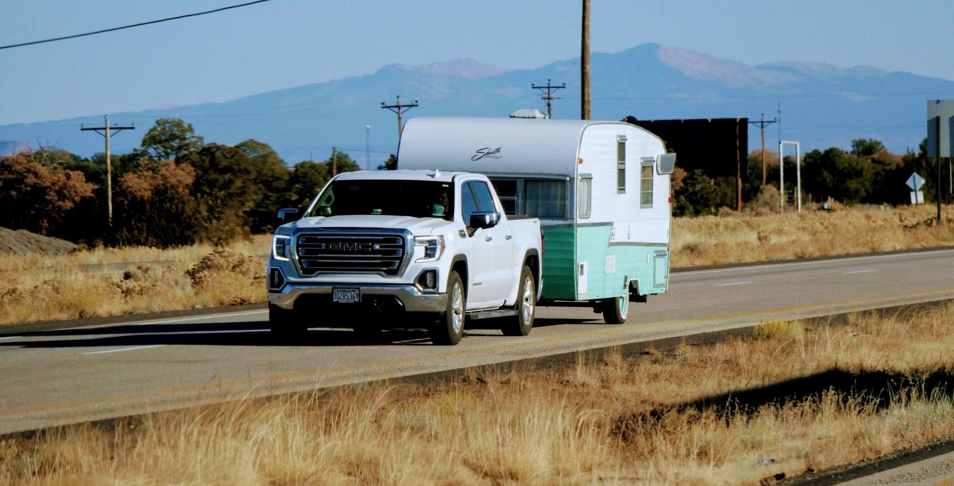 Truck towing Shasta camper