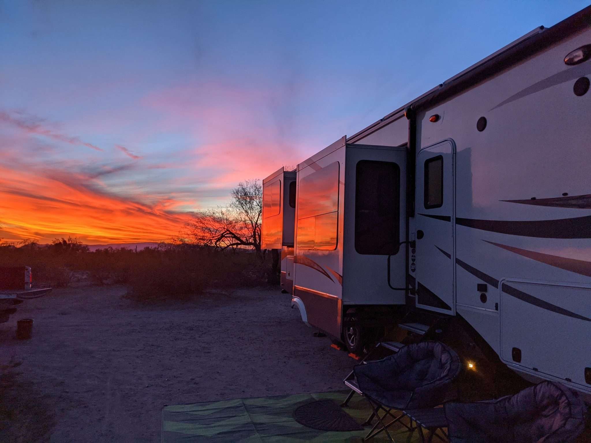RV dry camping at sunset