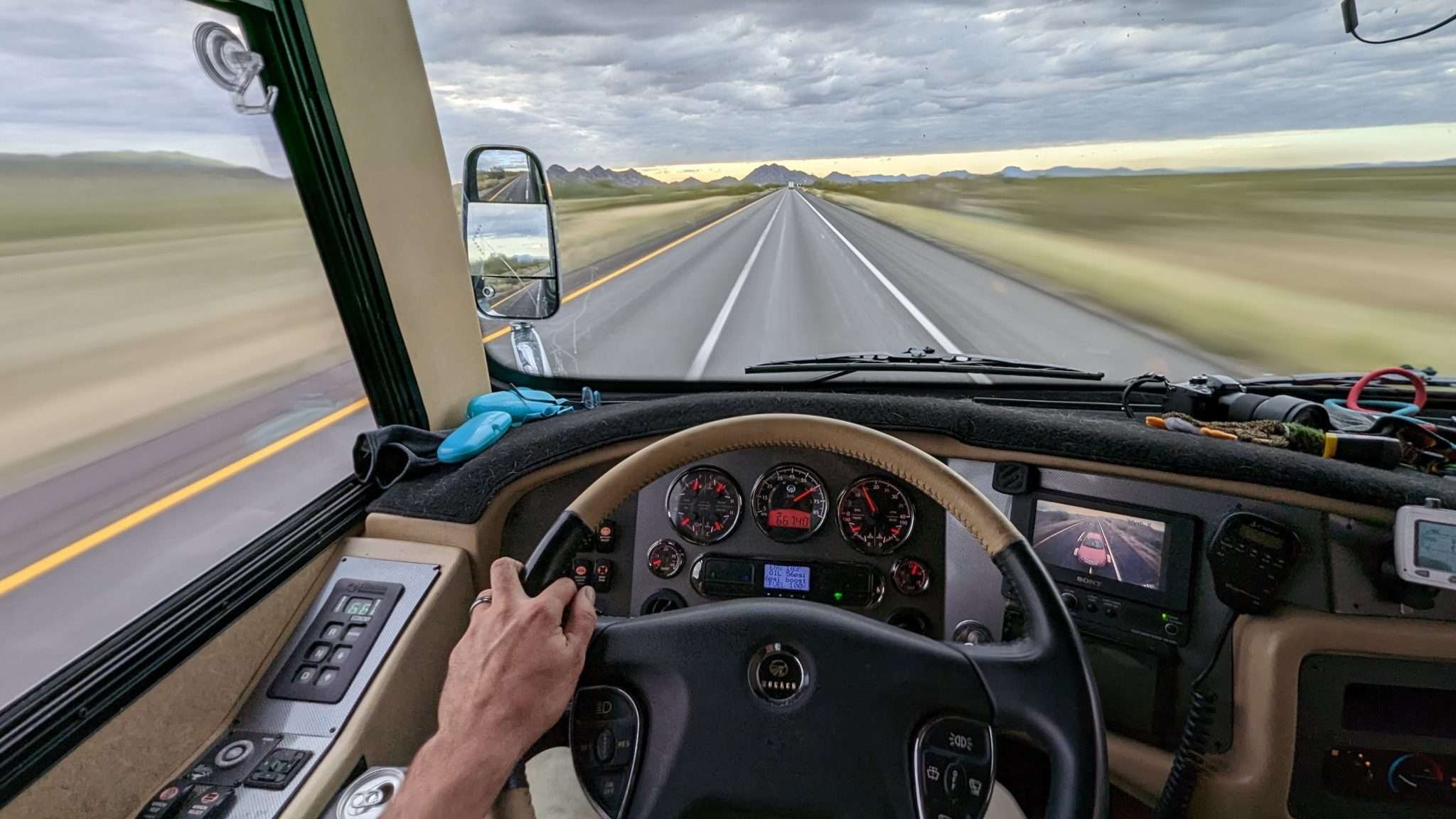 Driving a class A motorhome from the point of view of the driver