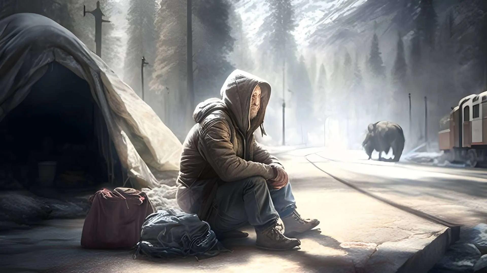 homeless man sitting on sidewalk