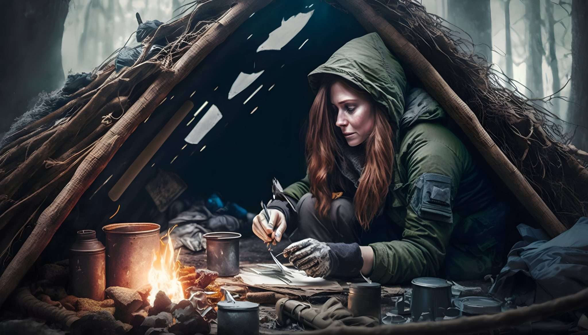 bushcraft woman building a shelter