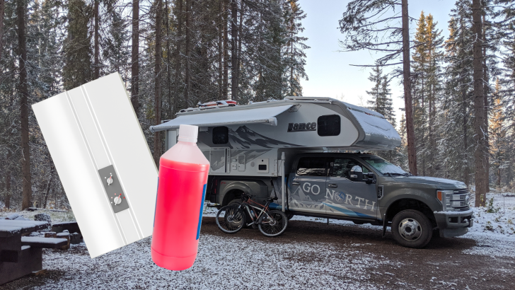 Winter RV with anti-freeze and tankless heater