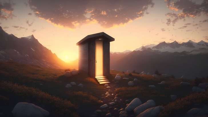vault toilet on mountain at sunset