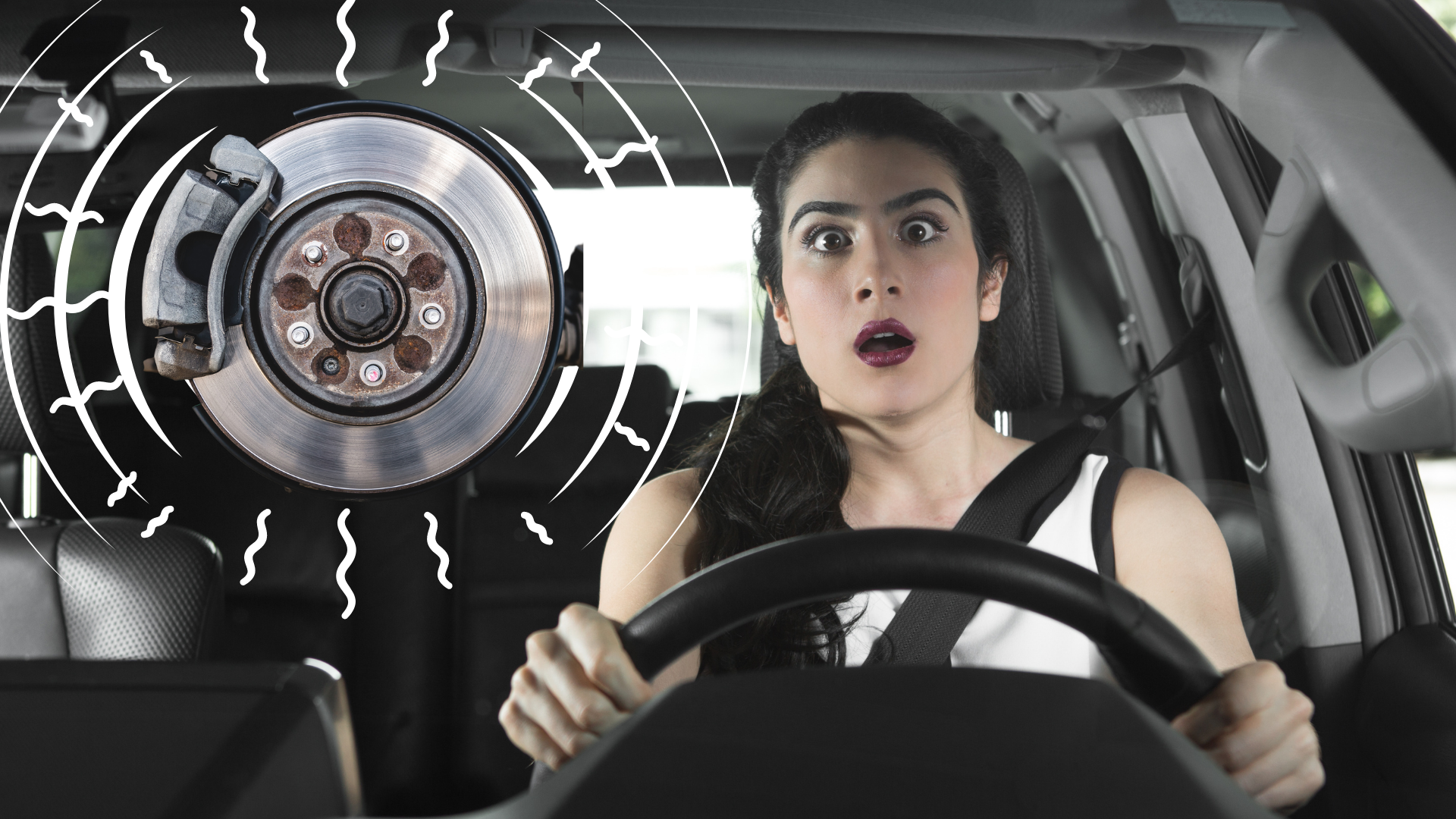 Woman looking scared while driving with brake shudder