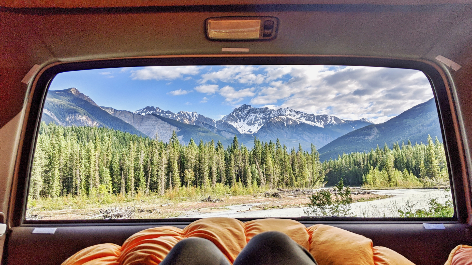 View of mountains while car camping