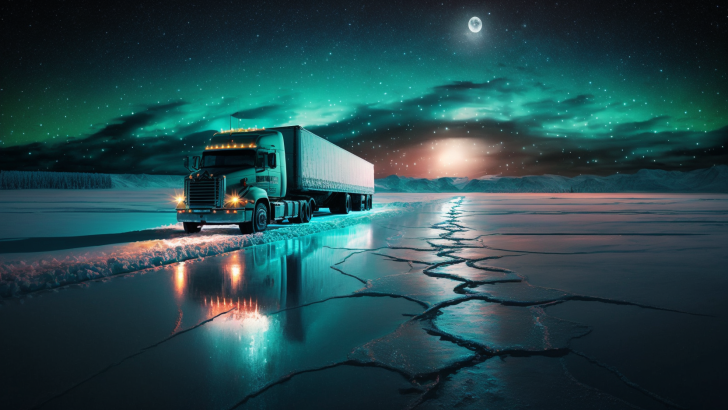 artistic image of semi truck traversing an ice road at night