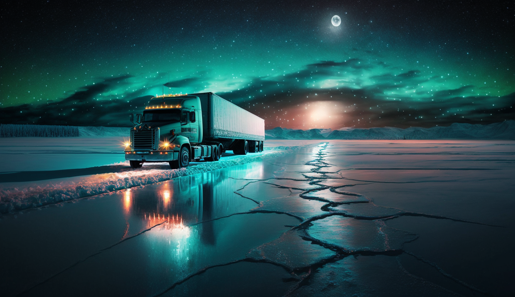 artistic image of semi truck traversing an ice road at night