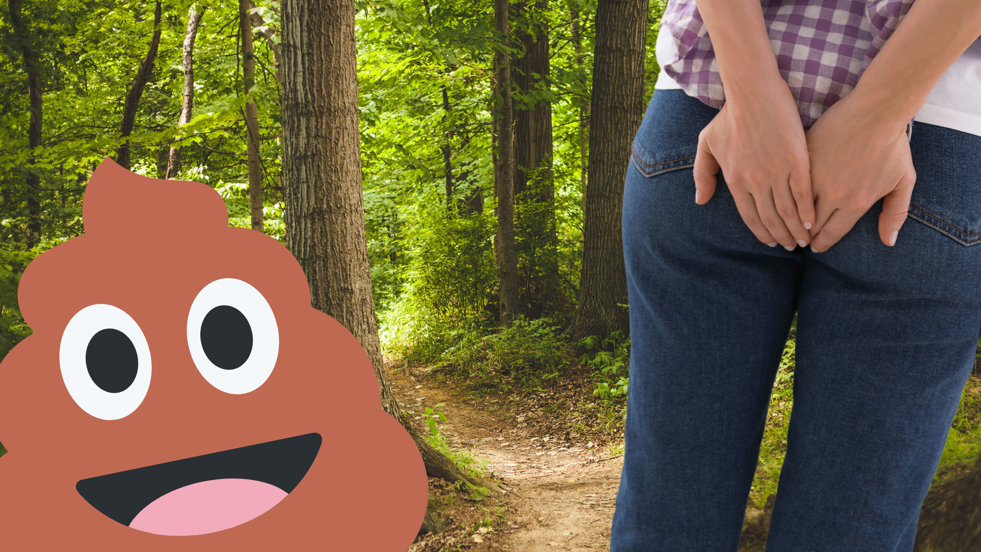 Woman in forest with poop emoji