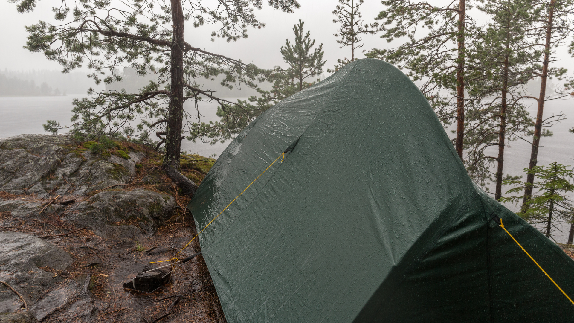 Tent and rainfly in rainy forest