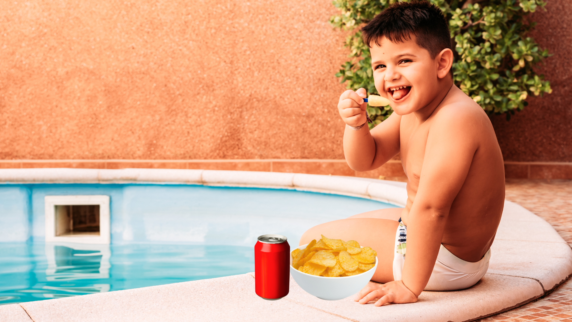Kid eating chips by pool