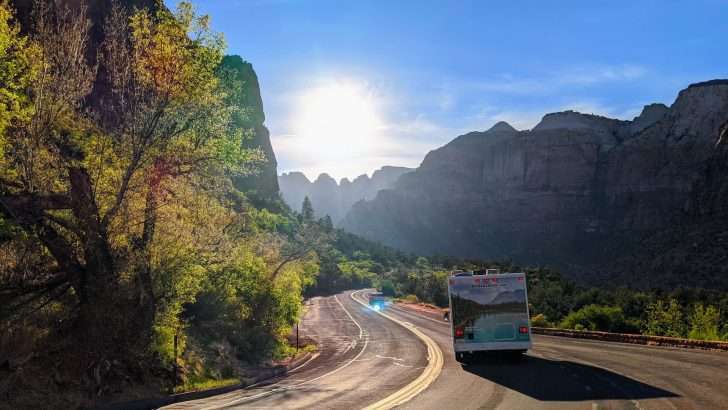 driving rv through zion national park to go camping