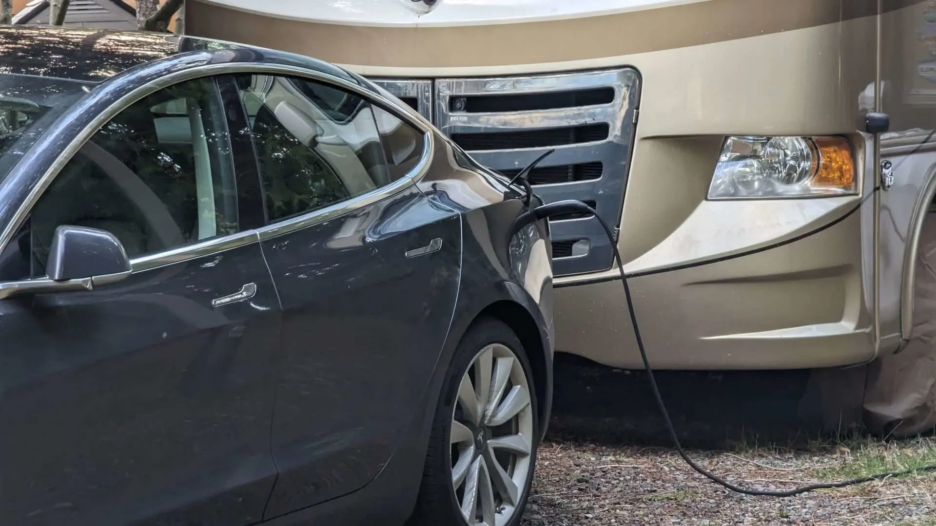 tesla car charging at an RV park 