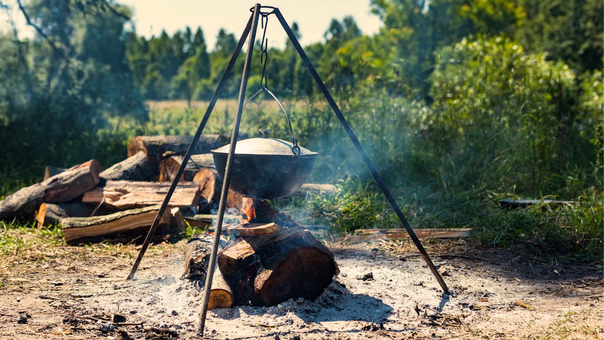 campfire  cooking tripod setup