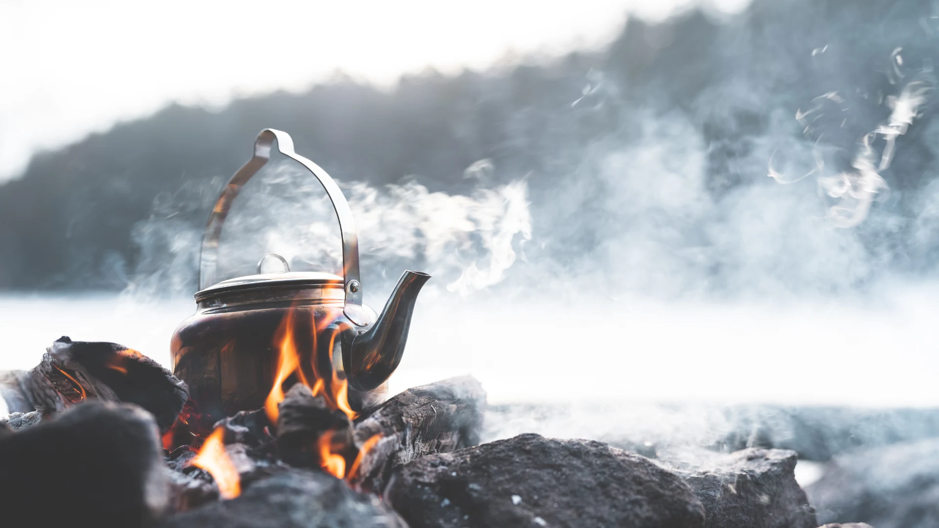 Tea pot making campfire coffee