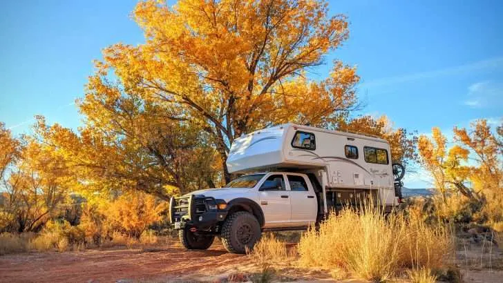 fall camping in truck camper rv