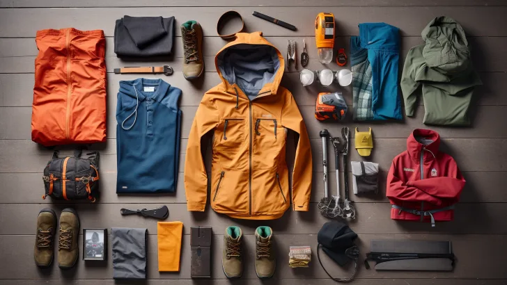 fall hiking outfit and gear laid out in an organized way