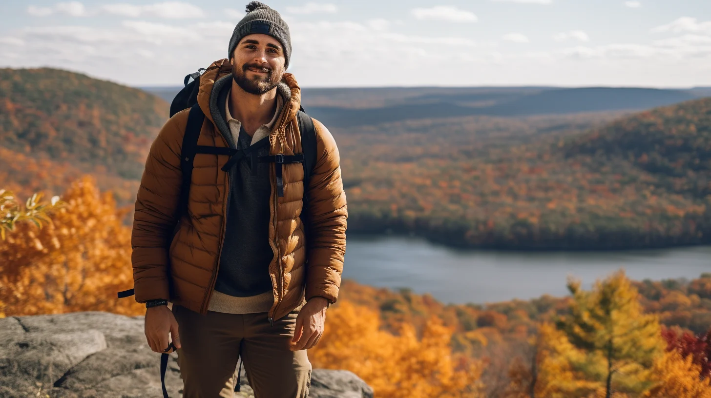 man hiking on fall day with autumn colored leaves and lake in background