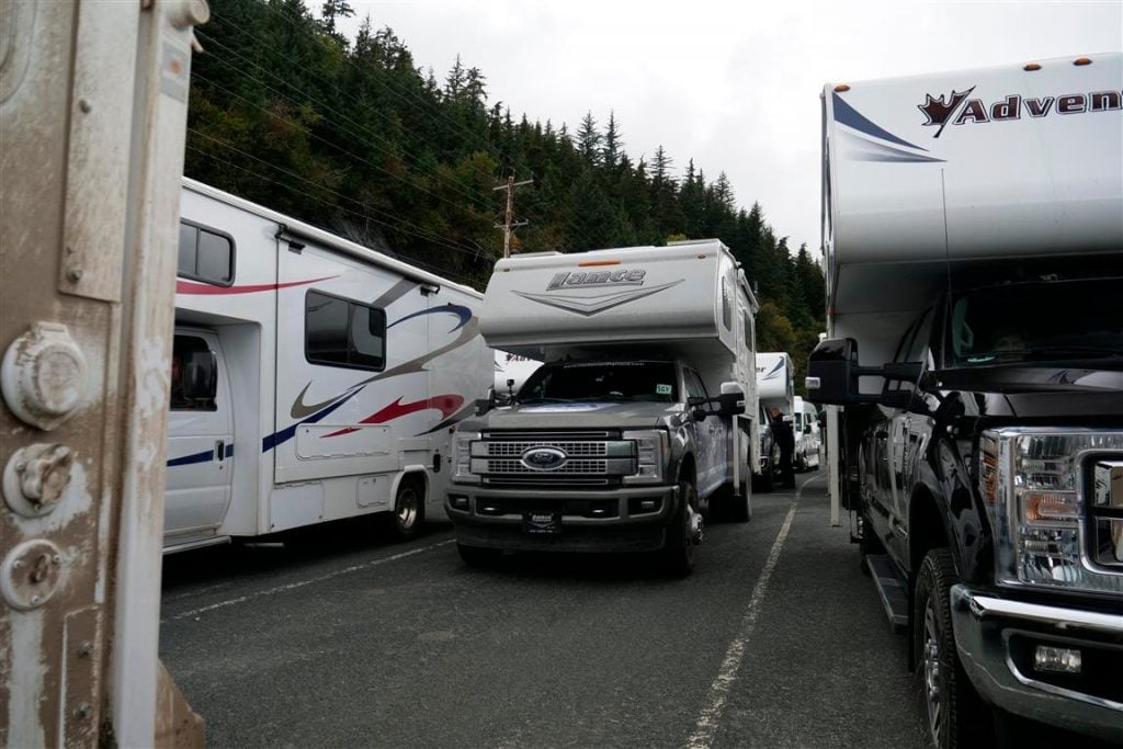 truck camper rv in line for alaska marine highway ferry