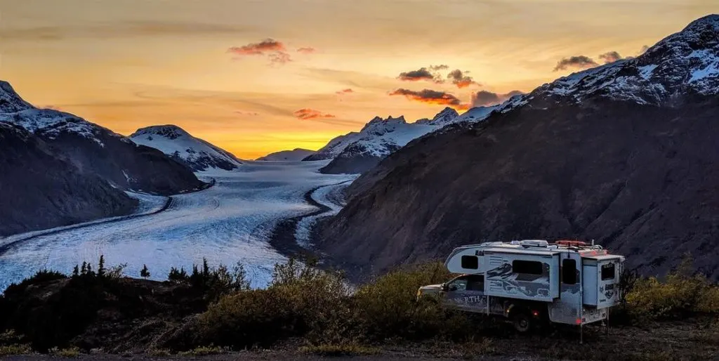 Expedition Truck camper along glacier 